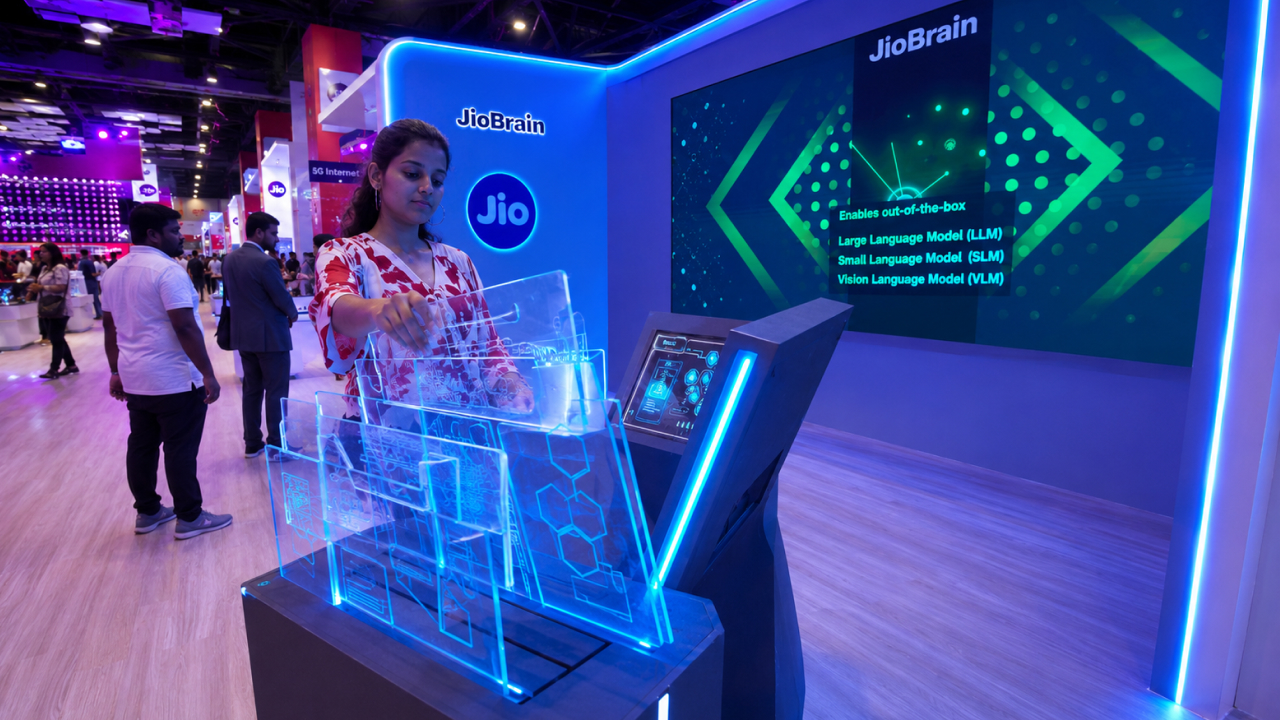 Visitor explores glowing acrylic panels at the JioBrain interactive technology booth